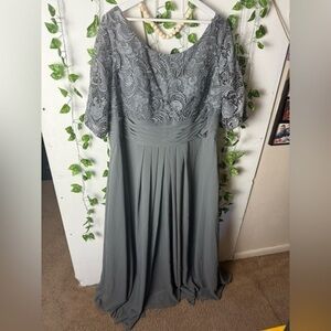 Ants Bridal Gray Pleated Gown with Flutter Sleeves and Scoop Neck